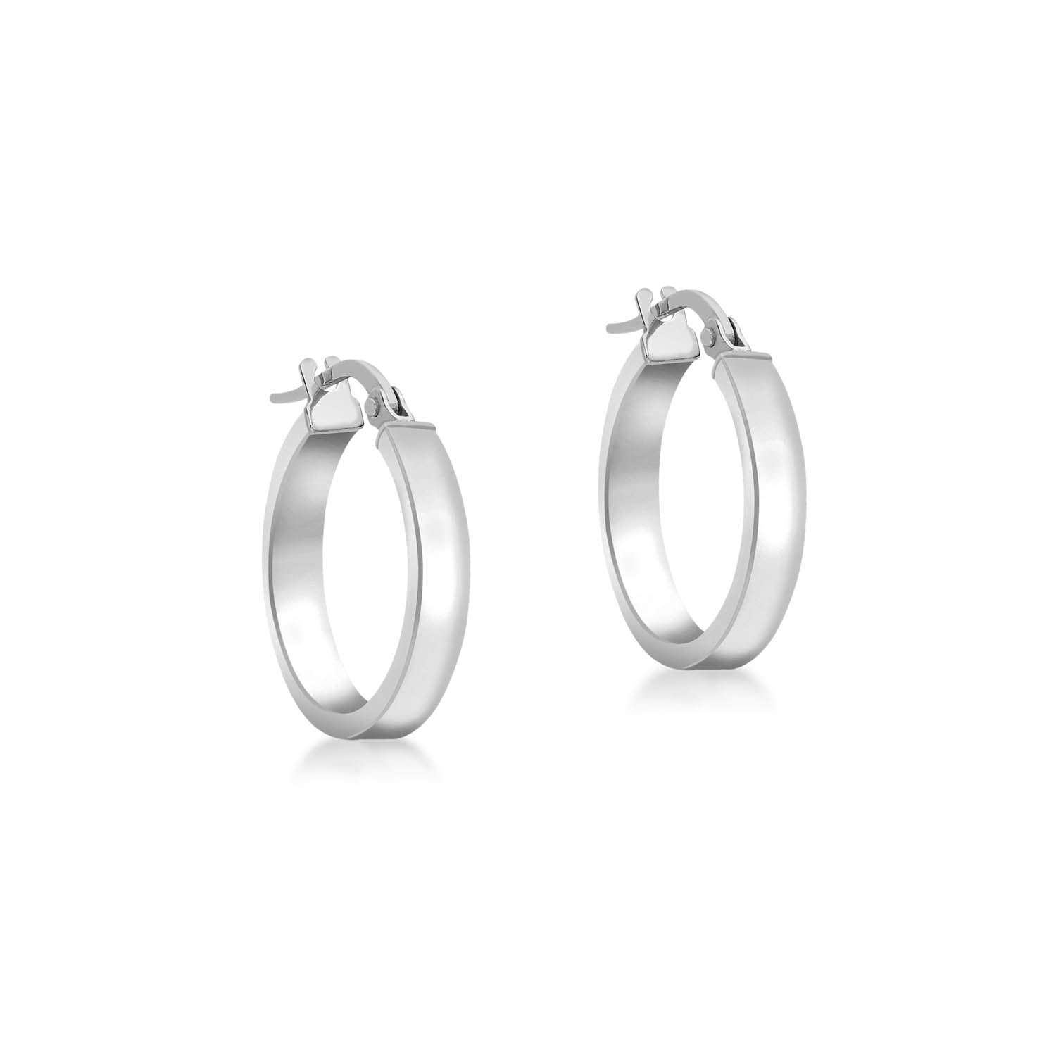 9K White Gold 3mm Rectangular-Tube 15mm Hoop Creole Earrings