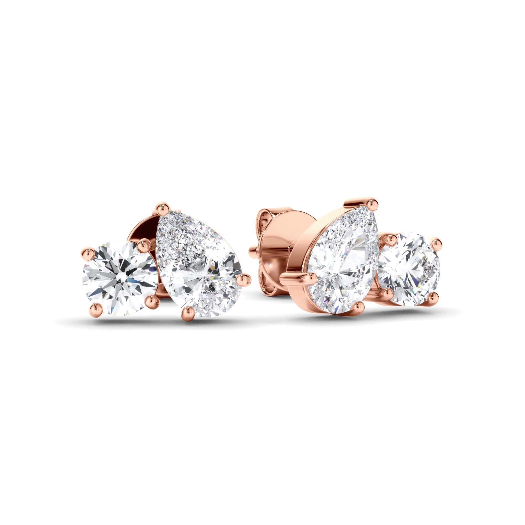Pear & Round Brilliant Cut Diamond Toi et Moi Stud Earrings