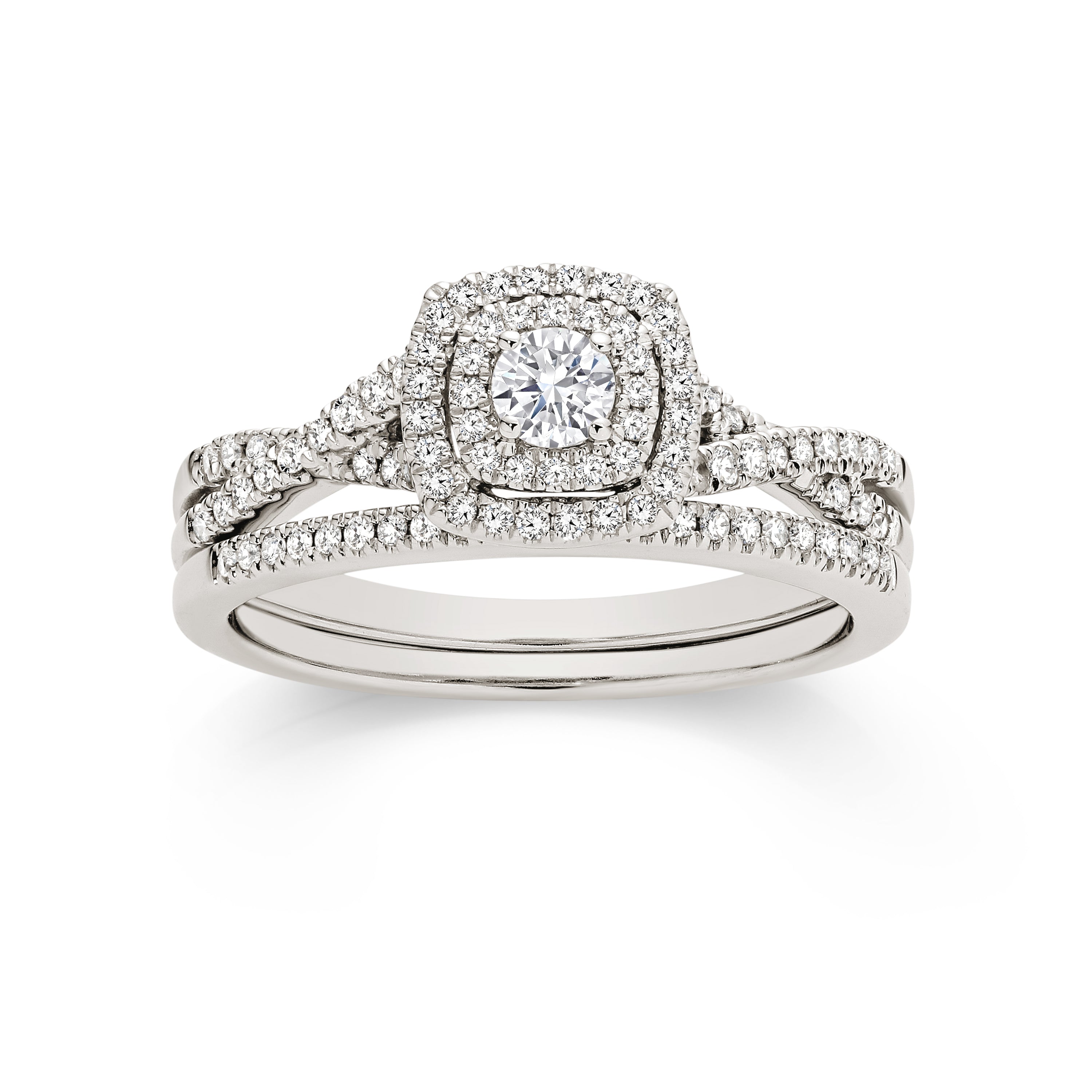 Cushion Double Halo Ring with Crossover Shoulders and Wedding Ring