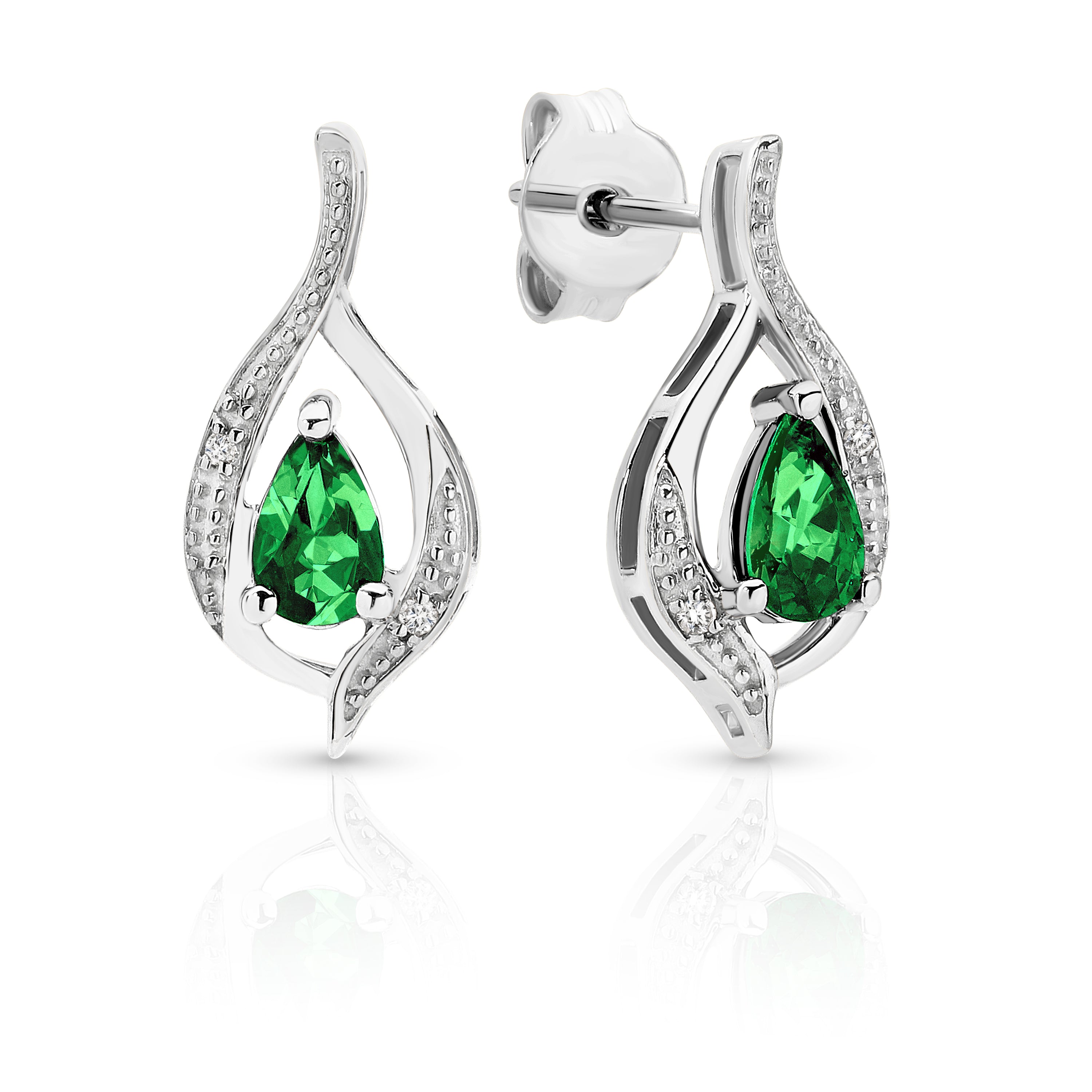 9ct White Gold Pear Emerald and Diamond Stud Drop Earrings